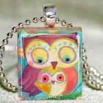 Mother And Baby Owl Scrabble Pendant With Necklace..