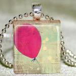 Red Balloon Scrabble Tile Pendant With Necklace..