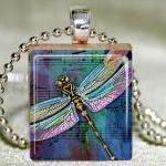 Dragonfly On Sheet Music Scrabble Pendant With..