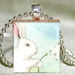 Make A Wish Bunny Scrabble Pendant With Necklace..