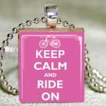 Keep Calm And Ride On (pink) Scrabble Pendant With..