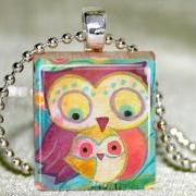 Mother and Baby Owl Scrabble Pendant with Necklace and Matching Gift Tin