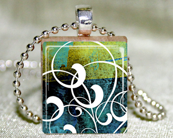Batik Swirls Scrabble Tile Necklace With Matching Gift Tin