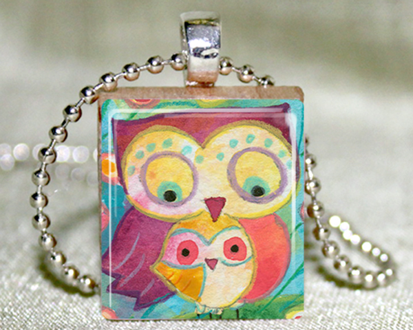 Mother And Baby Owl Scrabble Pendant With Necklace And Matching Gift Tin