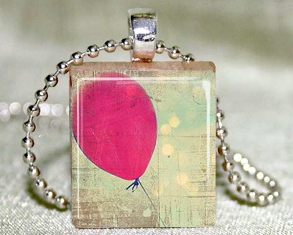 Red Balloon Scrabble Tile Pendant With Necklace And Matching Gift Tin