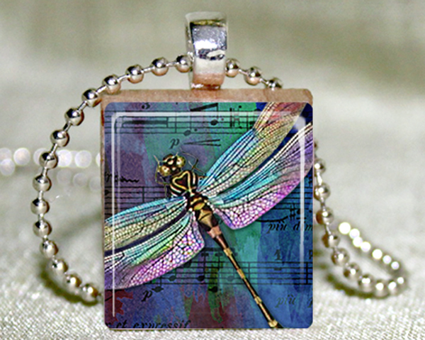 Dragonfly On Sheet Music Scrabble Pendant With Necklace And Matching Gift Tin