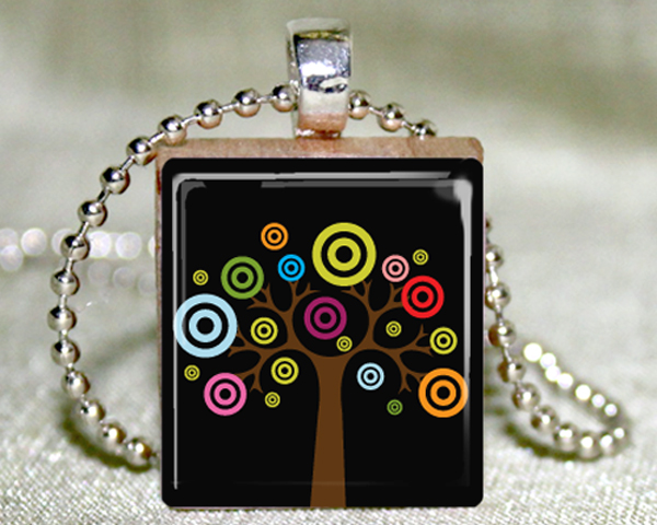 Colorful Tree Scrabble Pendant With Necklace And Matching Gift Tin