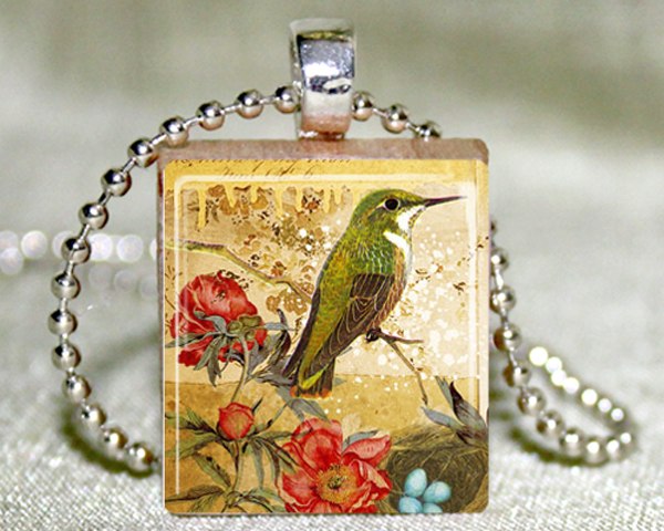 Green Hummingbird Scrabble Tile With Necklace And Matching Gift Tin