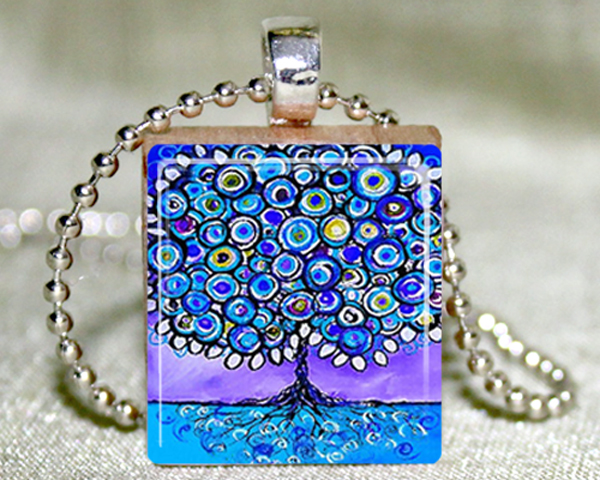 Blue Tree Of Life Scrabble Pendant With Necklace And Matching Gift Tin