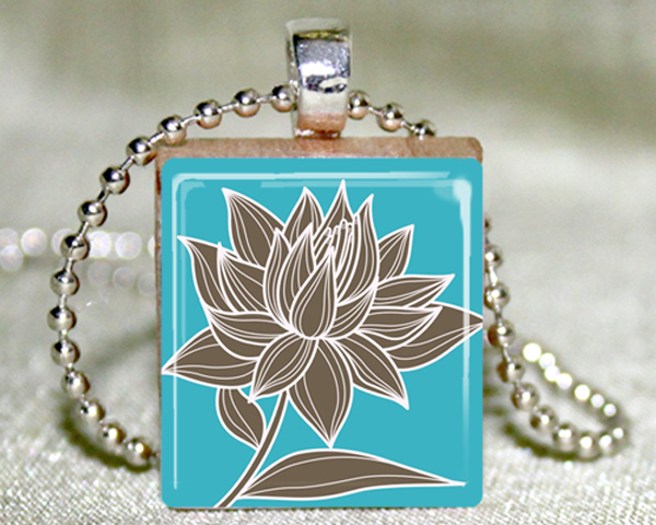 Magnolia On Teal Scrabble Pendant With Necklace And Matching Gift Tin